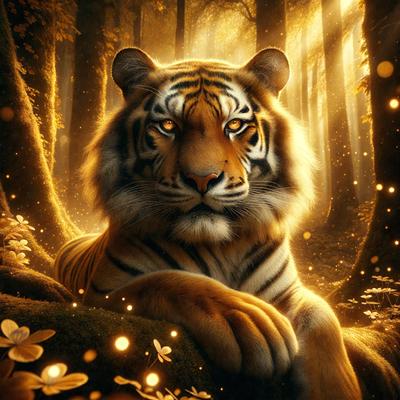 Primary subject: A tiger sitting in a forest.

Setting/background: The tiger is sitting on a tree branch surrounded by a forest.

Visual style: The image is a digital art or illustration.

Colors and mood: The image has a warm and natural color palette, with the tiger's fur and the forest's foliage being the main focus.